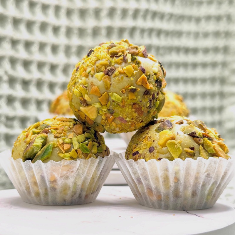 Brigadeiros coated in crushed pistachios