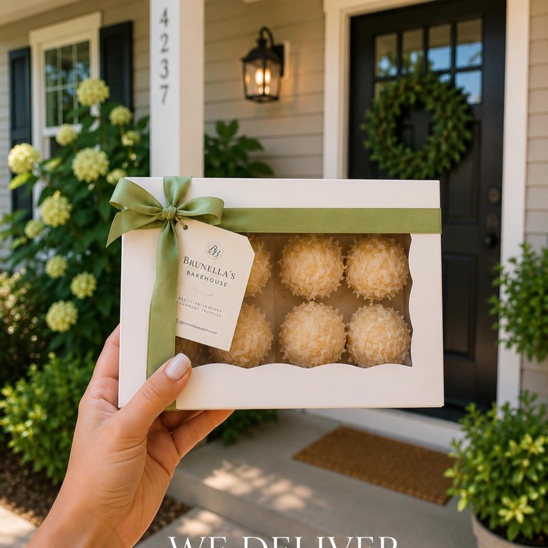 Hand holding a gift box of brigadeiros at the front door